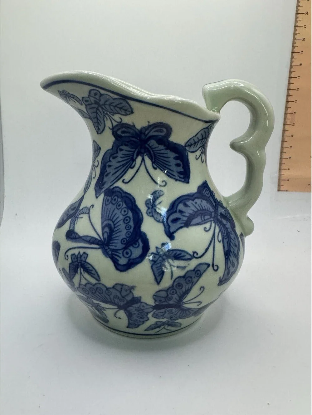 Stoneware - Blue & Beige Butterfly Pitcher, 5.25